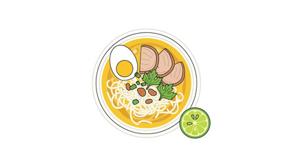 Bowl of Delicious Ramen with Egg and Meat Slices Topped with Herbs and Lime.
