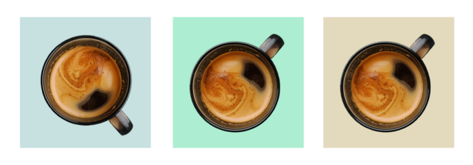 National Gourmet Coffee Day banner. Modern minimal design coffee wallpaper. Coffee cup from above, coffee with foam, dark glass cup, coffee sip. Colorful circles. Coffee drink patterns, pastel colors