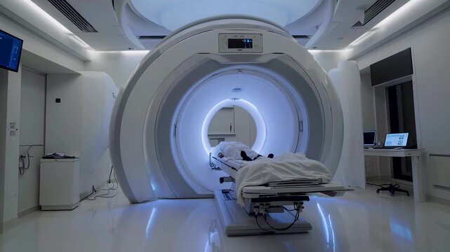 Empty suite shows sleek MRI room unit ready, blue glow frames gateway, spotless floor mirrors MRI room machine, silence fills advanced MRI room facility. Concept high-tech healthcare.