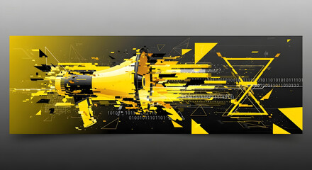 Abstract yellow megaphone illustration digital art with geometric shapes and binary code modern design for advertising and announcements