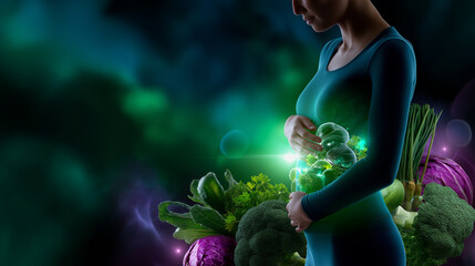Naklejka premium Medical and nutritional concept — digital human silhouette glowing softly around abdomen, surrounded by organic vegetables, with copy space.