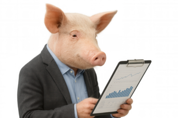 Pig businessman analyzing financial data on a clipboard, working on business growth and investment strategy