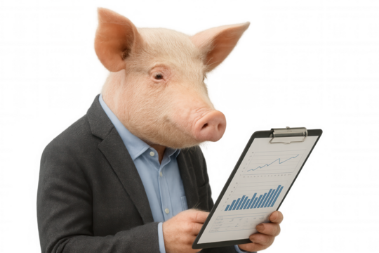 Pig businessman analyzing financial data on a clipboard, working on business growth and investment strategy