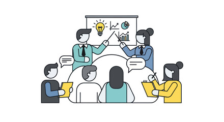 Business Team Presentation with Charts and Audience Illustration.