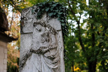 Old stone statue covered with ivy in historic cemetery surrounded by nature