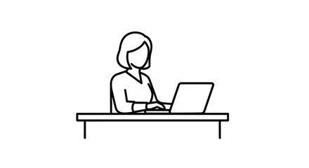 Line Drawing of Woman Working on Laptop at Desk.
