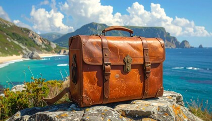 Fototapeta premium Vintage leather briefcase on a rock overlooking a beautiful ocean coast.