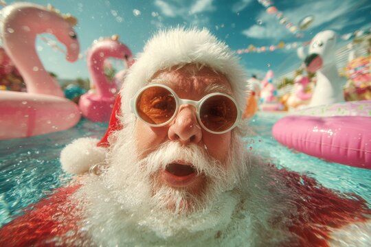 A cheerful Santa Claus in a festive swimsuit swims in a pool filled with pink floaties, surrounded by bright sunlight and a playful summer vibe