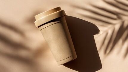 Eco-friendly reusable travel mug made of bamboo on a neutral beige backdrop with natural shadows. A sustainable lifestyle choice, promoting zero waste. Seen from a high angle.
 