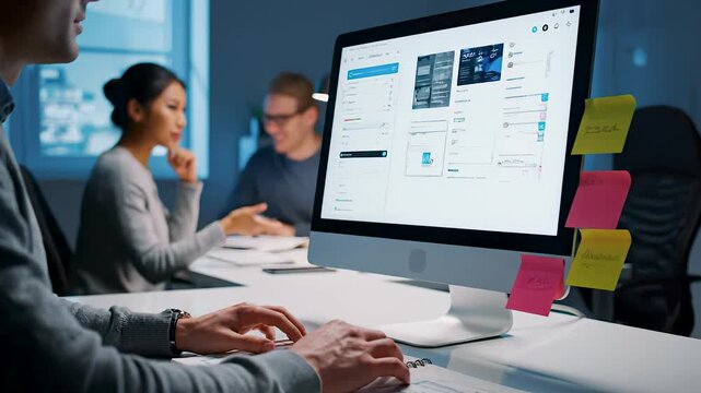 Professional software developer intensely coding on computer, working late with colleagues, sticky notes covering monitor, showcasing collaborative tech environment at modern startup workspace