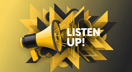 Yellow megaphone with sound waves and abstract geometric background vector illustration for announcements and promotions isolated on gradient background