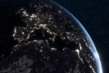 Night planet Earth with the European continent and the lights of the night cities of Spain, Italy, Portugal, Germany, France, Poland, Croatia, Denmark, Sweden and Austria. Amazing space view