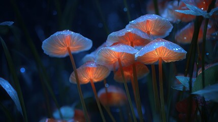 Enchanting, luminous toadstools bloom amidst marsh plants in a dark, radiant night scene. These hallucinogenic mushrooms emit a mysterious glow, embodying Goblincore and Mushroomcore aesthetics.
 