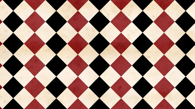Vintage Harlequin Diamond Seamless Pattern Background in Red, Black, and Cream Grunge Texture