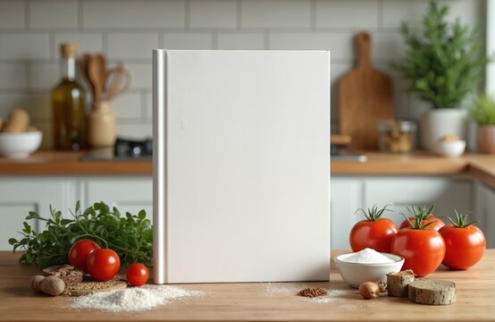 Blank white cookbook mockup stands on modern kitchen counter. Fresh ingredients like ripe tomatoes, green herbs, various nuts, spices, flour arranged. Perfect for recipe designs, culinary branding,