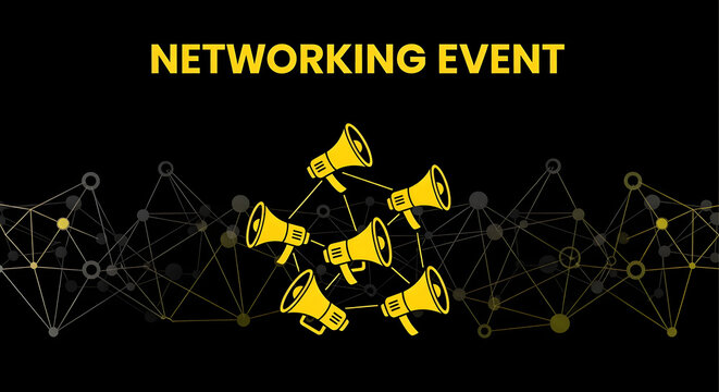 Networking event illustration with megaphone icons connected by lines a vector graphic for business communication and announcements