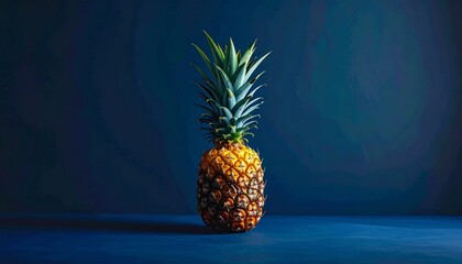 A Single Ripe Pineapple Stands Tall Against a Dark Blue Background.