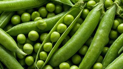 Fresh green peas and pods in a close-up shot. A nutritious vegetarian option, these peas are packed with natural protein, making them a healthy choice.
 