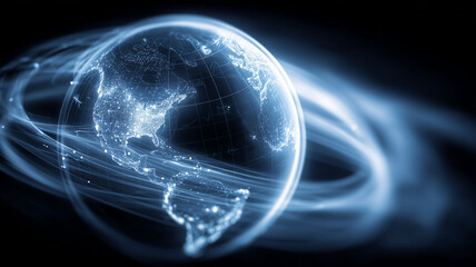 A digital globe wrapped by flowing data trails represents fast global communication cloud computing and real time information exchange across connected systems.
