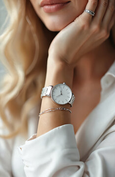 Young woman wears elegant silver watch with white face on wrist. Delicate metal chain bracelet, sparkling ring adorn hand. Female person in white blouse shows modern luxury fashion accessories. Hand