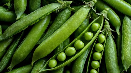 Fresh green peas and pods in a close-up shot. A nutritious vegetarian option, these peas are packed with natural protein, making them a healthy choice.
 