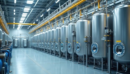 Fototapeta premium Large industrial room with rows of silver cylindrical tanks. Tanks circular openings, connected by yellow, blue pipes. Metallic floor, ceiling with fluorescent lights. Industrial facility for