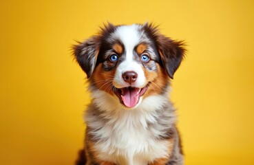 Fototapeta premium Cute australian shepherd puppy with blue eyes looks at camera. Happy fluffy aussie dog sits with open mouth and tongue out. Small purebred canine pet isolated on a yellow background in studio.