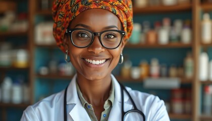 Smiling black female doctor with glasses wearing white coat. Doctor is standing indoors. Woman is in pharmacy or medical office. Medicine cabinet behind her.