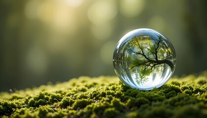 Small glass globe resting on moss-covered surface.