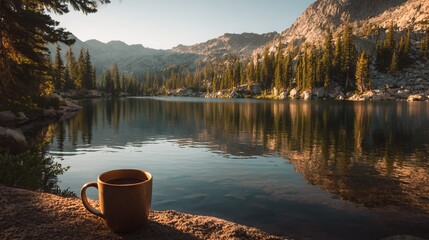 Golden hour coffee by a serene lake. Mountains frame the tranquil water, creating a cozy escape. Minimal travel, off-grid living, and a slower pace of life define this idyllic scene.
 