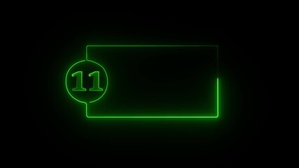 colorful glowing neon 11 text icon animation. Square rectangle picture frame with one tone neon color motion graphic on isolated black a background.4k video black background,