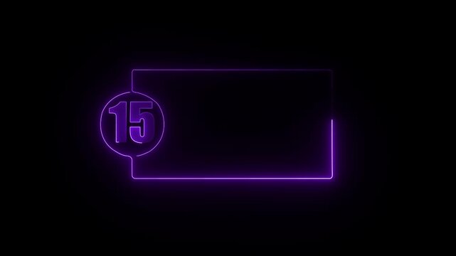colorful glowing neon 15 text icon animation. Square rectangle picture frame with one tone neon color motion graphic on isolated black a background.4k video black background,