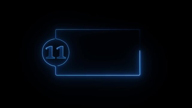 colorful glowing neon 11 text icon animation. Square rectangle picture frame with one tone neon color motion graphic on isolated black a background.4k video black background,