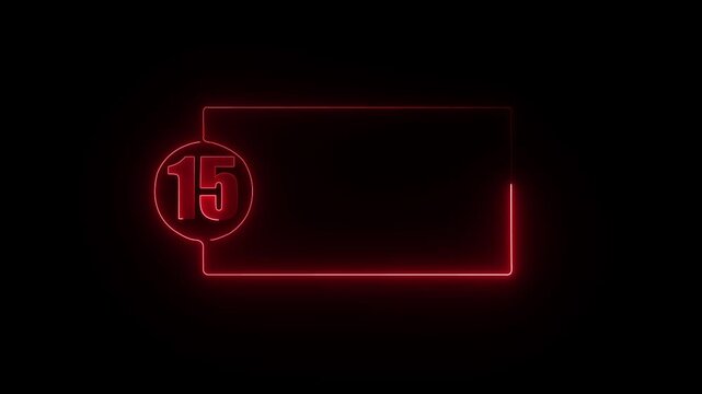 colorful glowing neon 15 text icon animation. Square rectangle picture frame with one tone neon color motion graphic on isolated black a background.4k video black background,