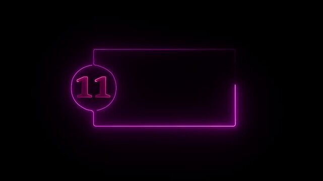 colorful glowing neon 11 text icon animation. Square rectangle picture frame with one tone neon color motion graphic on isolated black a background.4k video black background,