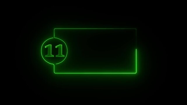 colorful glowing neon 11 text icon animation. Square rectangle picture frame with one tone neon color motion graphic on isolated black a background.4k video black background,