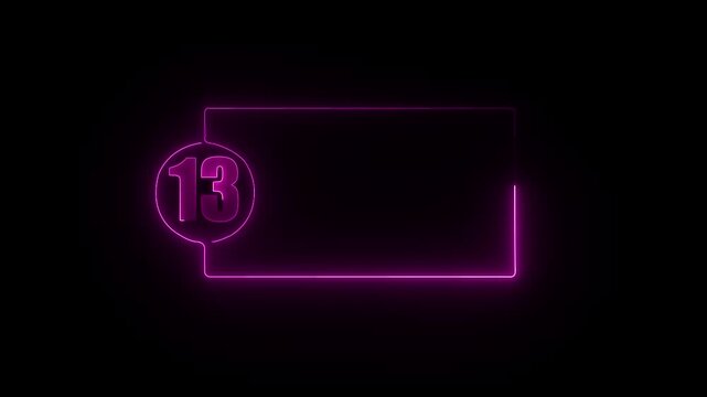 colorful glowing neon 13 text icon animation. Square rectangle picture frame with one tone neon color motion graphic on isolated black a background.4k video black background,