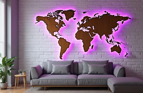 Living room interior with stylish wooden world map on brick wall. Purple neon illumination around continents. Modern apartment design with sofa and plant. Interior decoration concept for travel theme.