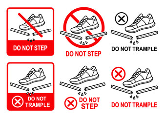 Do not step fragile packaging, no trample, forbidden walk foot on cardboard box package, breakable surface warning sign. Handle with care. Danger break parcel with shoes. Safety cargo delivery. Vector