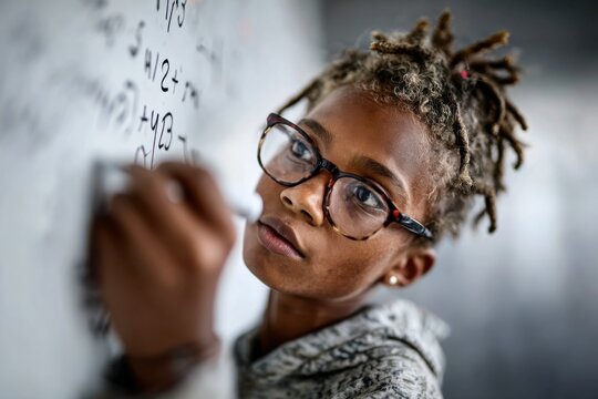 Young child solving math problems in classroom during school hours