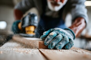 Skilled carpenter using sander to shape wood in workshop with focus on hand and tool in action