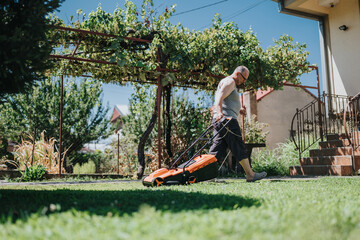 A man in a tank top mows a lush suburban lawn under a vine-covered pergola. Bright, calm backyard...