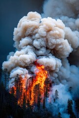 Forest fire engulfs trees in a dramatic display of flames and smoke during a hot summer afternoon