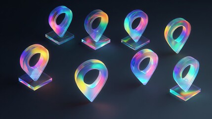 Holographic 3D glass location pin icons with refractive light effects. Modern morphism style vector for GPS and navigation signs. Isolated on a dark background