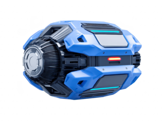 Futuristic blue mechanical device with glowing lights, metallic texture, and sci fi design, evokes advanced technology and innovation, isolated on transparency background