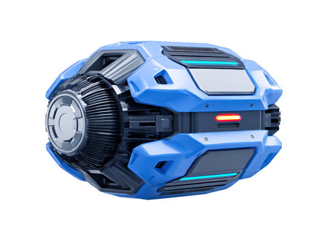 Futuristic blue mechanical device with glowing lights, metallic texture, and sci fi design, evokes advanced technology and innovation, isolated on transparency background