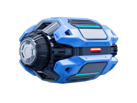 Futuristic blue mechanical device with glowing lights, metallic texture, and sci fi design, evokes advanced technology and innovation, isolated on transparency background