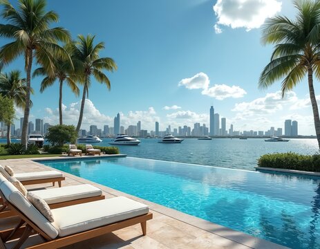 Luxury Miami waterfront estate with infinity pool overlooking city skyline and yachts. Palm trees sway near Bayside Beach offering tropical vacation vibes and upscale relaxation.
