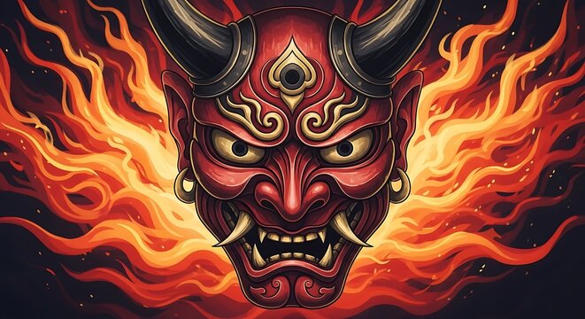 Fiery Oni Mask - A Symbol of Japanese Folklore and Demonology.
