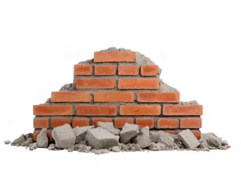 Broken brick wall with scattered concrete debris, red bricks, and rough texture, isolated on transparency background, symbolizing destruction, construction, or renovation concepts